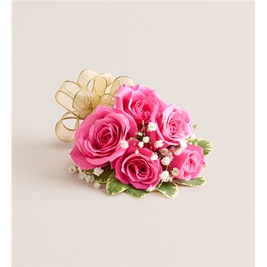 Hot Pink Spray Rose Corsage-Gold Bow